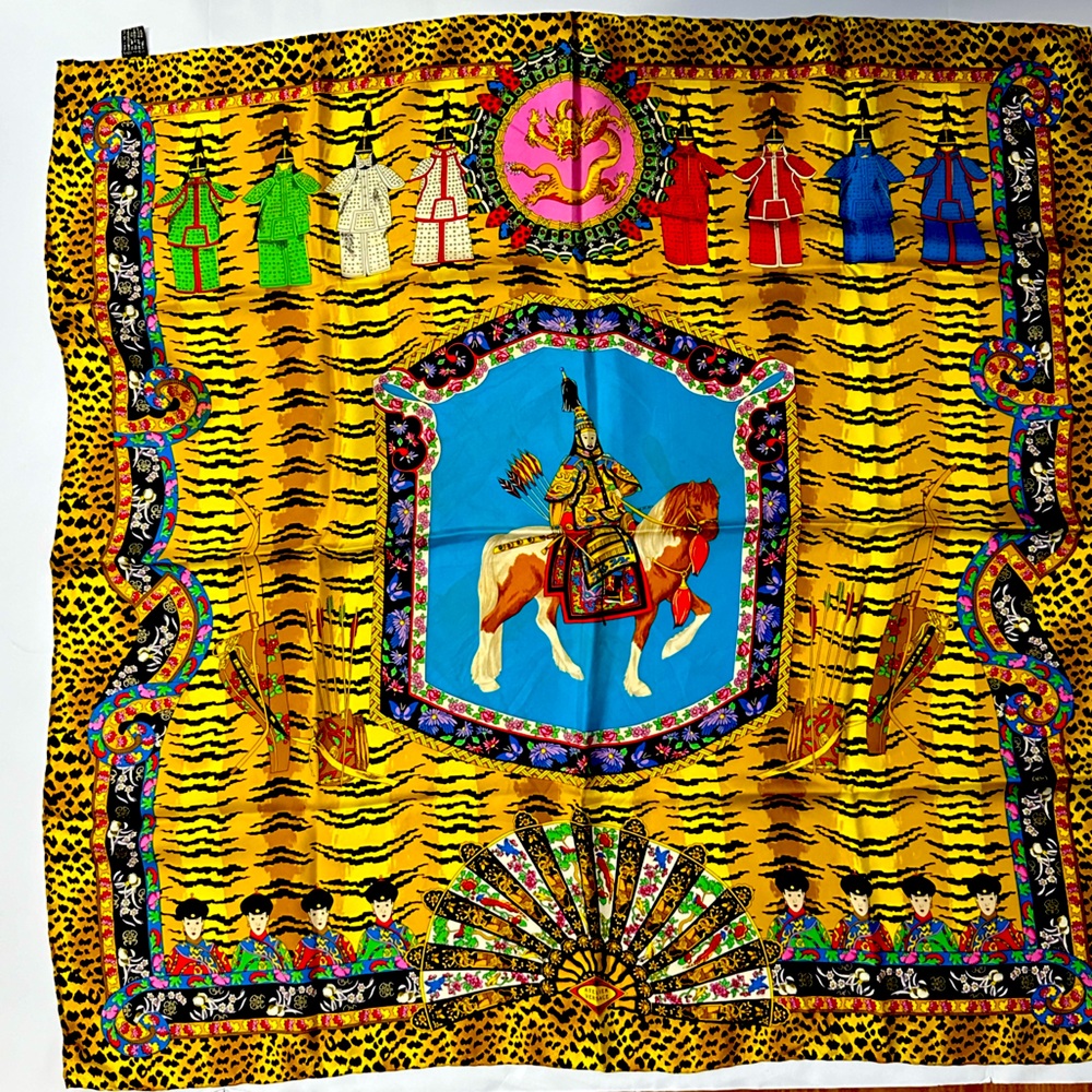 VERSACE Silk Scarf Asian Chinese Dragon Print Vintage Rare Italy Gold 34x34 in